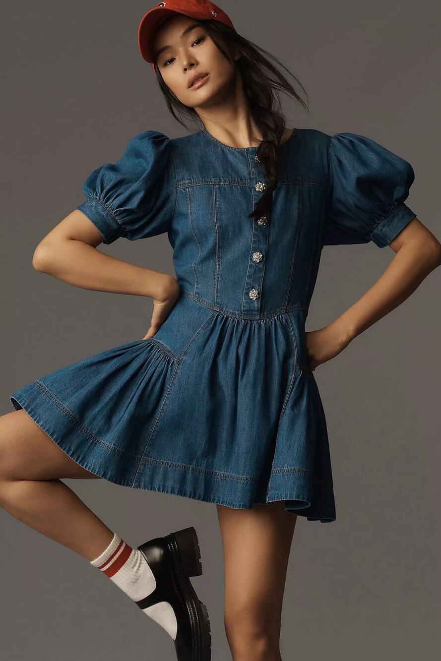 Anthropologie Maeve Puff-Sleeve Tiered Denim Mini Dress, EUC, Size 4